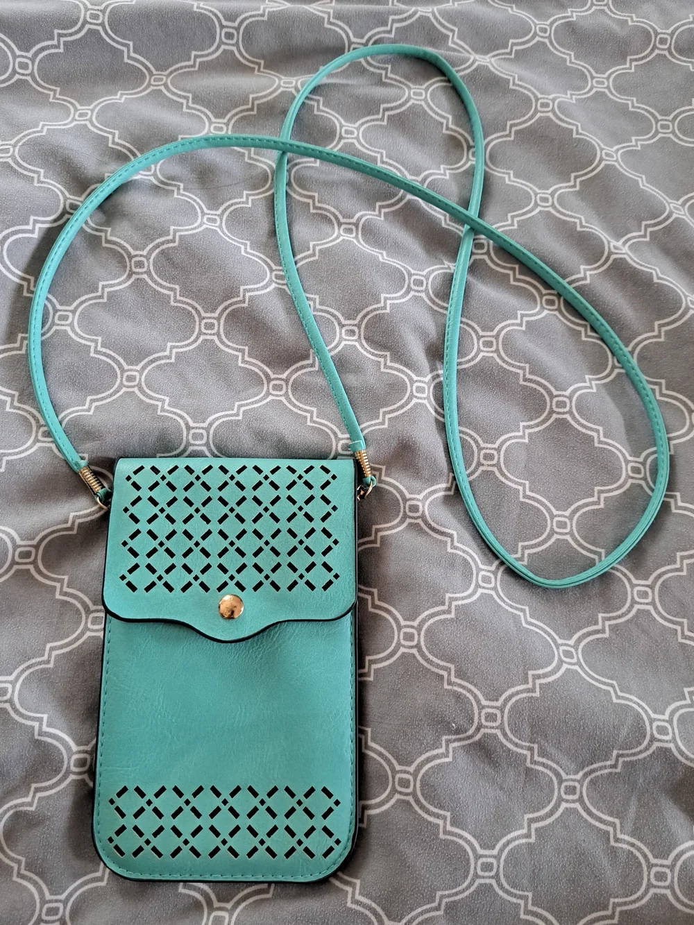 Womens Teal Crossbody Phone Bag with Laser-Cut Detail